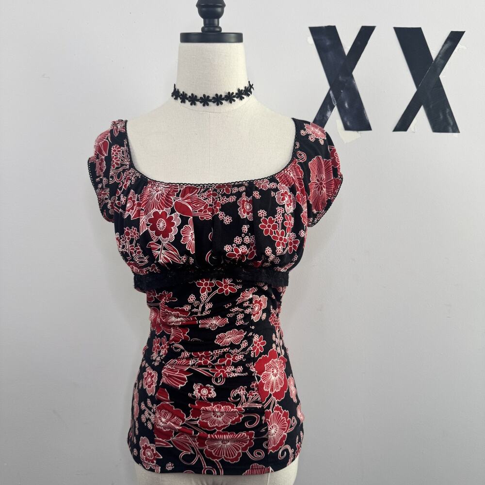 Vintage Y2K Sheer Floral Babydoll Top Gathered Stretch Fairy Indie S